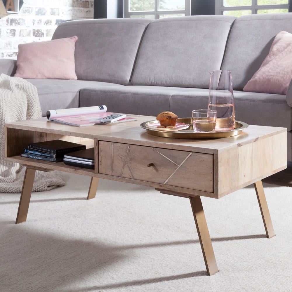 Table Basse Bois Massif Métal 95x42x50cm Table d'appoint Table de salon FineBuy