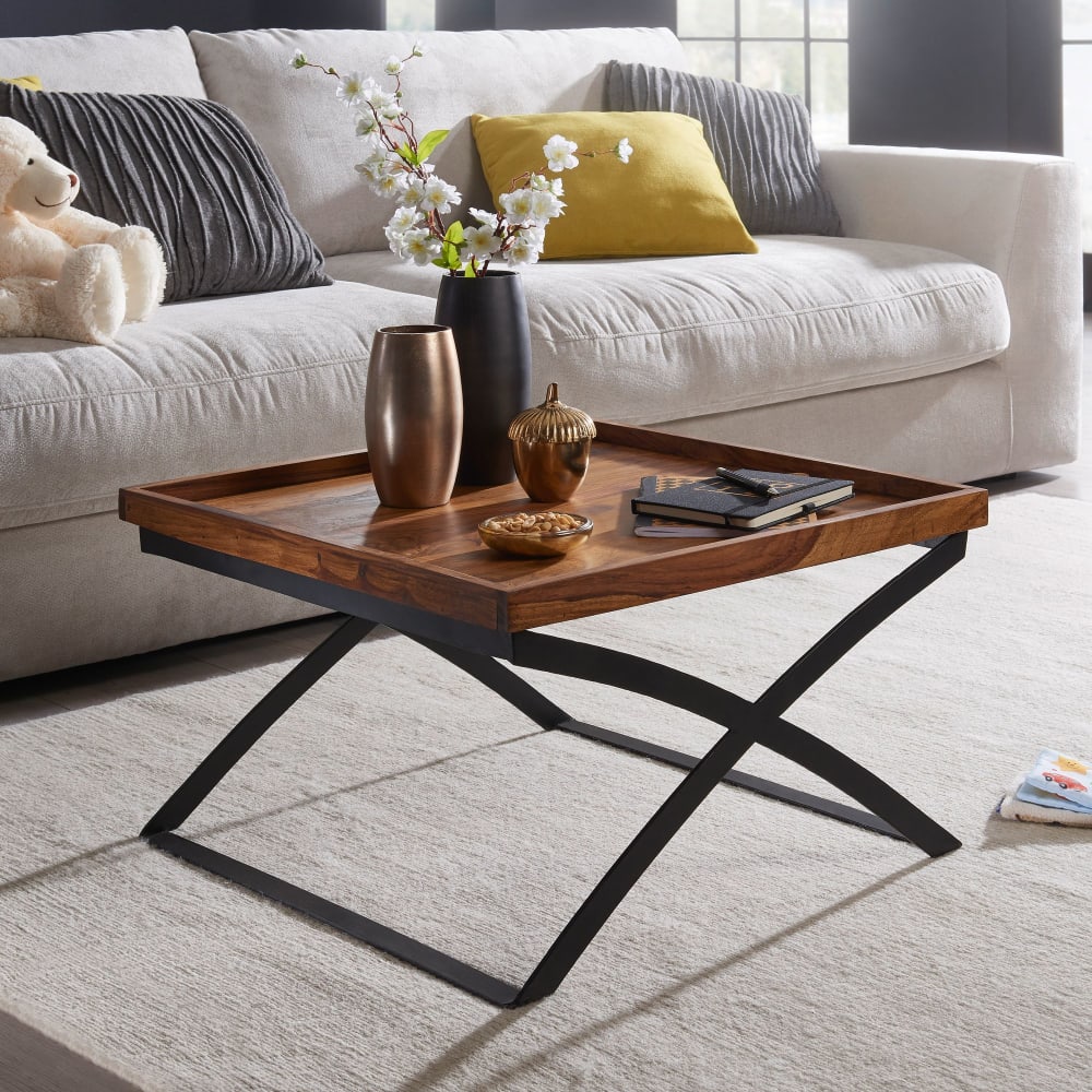 Table Basse Bois Massif Métal 63x39x63cm Table d'appoint Table de salon FineBuy