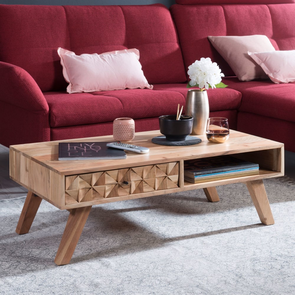 Table Basse Bois Massif 95x35x50cm Table d'appoint Design Table de salon FineBuy