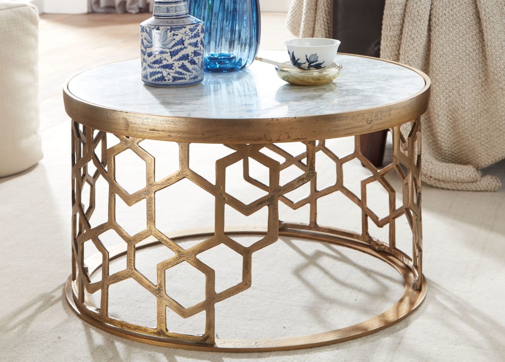 Table Basse Ronde Marbre 60x60x36 cm Petite Table de Salon Moderne Blanc FineBuy