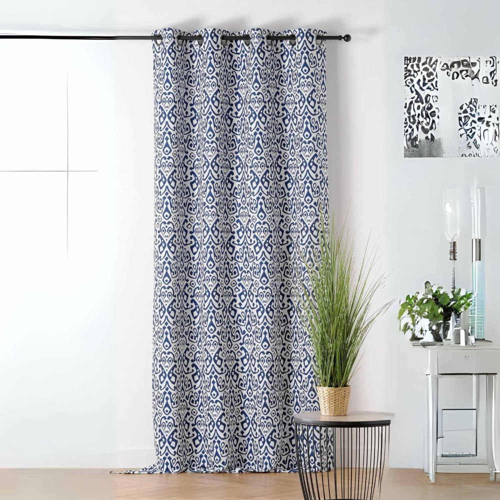 Rideau imprimé en fils upcyclés coton/polyester bleu 140x240 cm