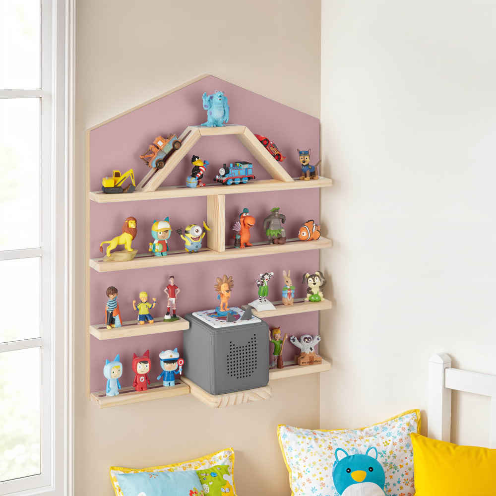 Étagère Murale, Bois Massif, Forme Maison, Fixation Magnétique, Rose