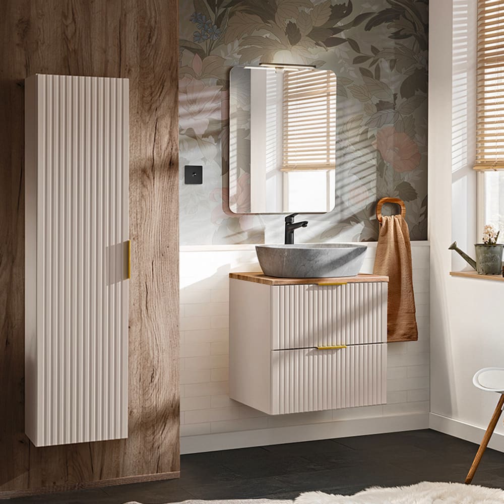 Ensemble meuble simple vasque 60cm et colonne Adriel Cachemire Bois et effet Pierre