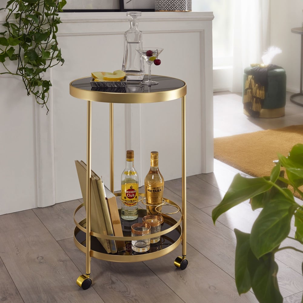 Finebuy Desserte Table D'appoint Dorée Sur Roulettes Chariot De Salle À Manger En Verre Rond Ø 45 Cm