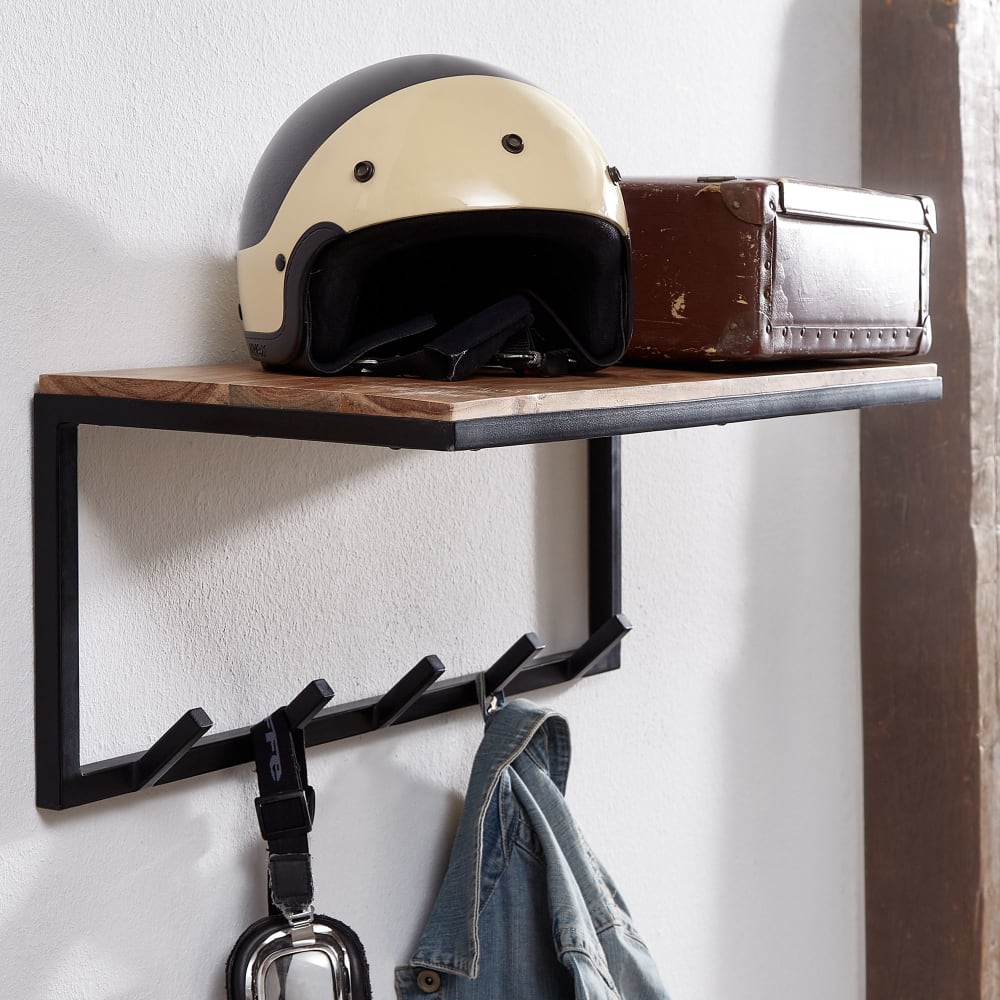 Porte Manteau Mural 5 Crochets Bois Massif Metal 70 cm Patere Murale FineBuy