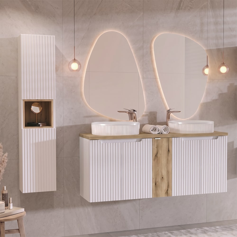 Ensemble meuble double vasque 140cm 5 portes et colonne Riva Blanc et Bois