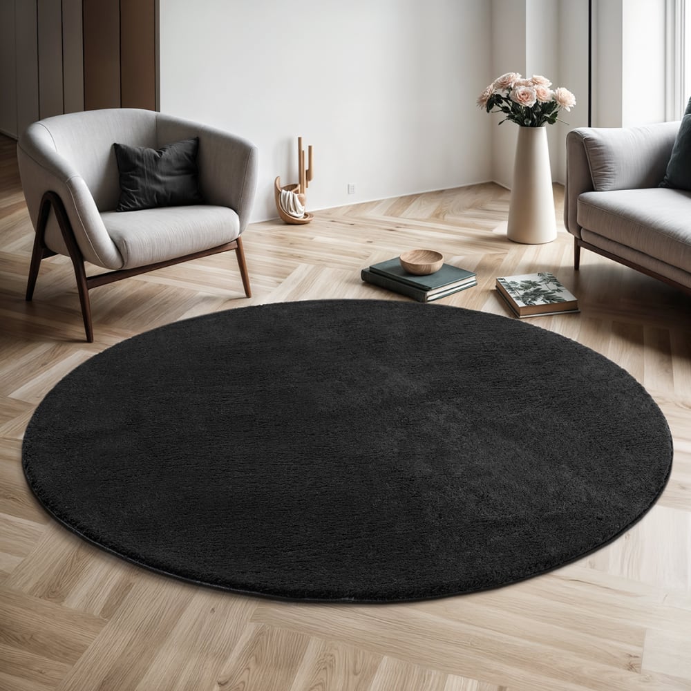 Tapis lavable et antidérapant, uni, noir, 160 cm, rond