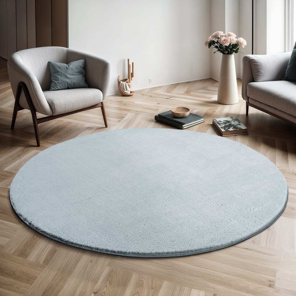 Tapis lavable et antidérapant, uni, bleu, 120 cm, rond