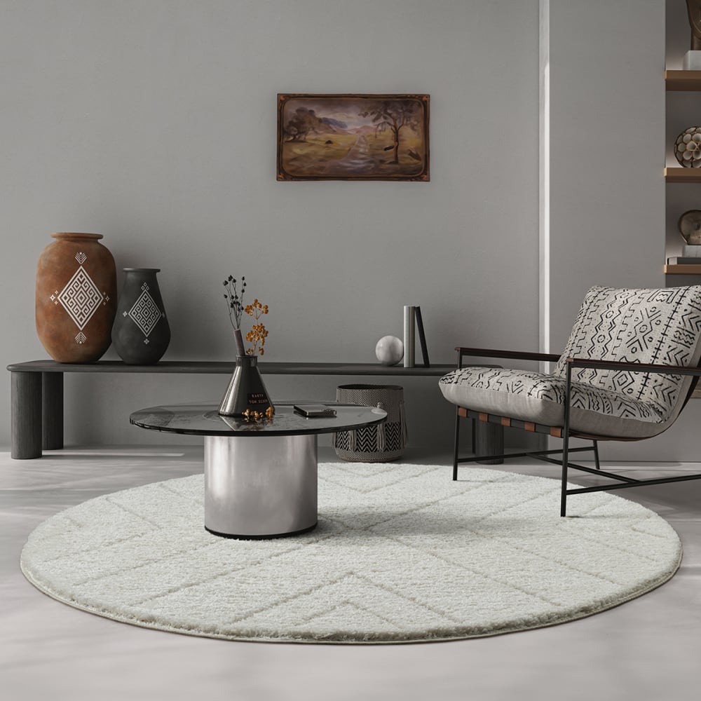 Tapis moderne shaggy entretien facile - Crème - 120 cm Rond