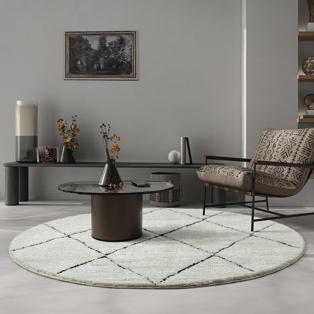 Tapis salon poils longs nordique - Blanc Noir - 160 cm Rond
