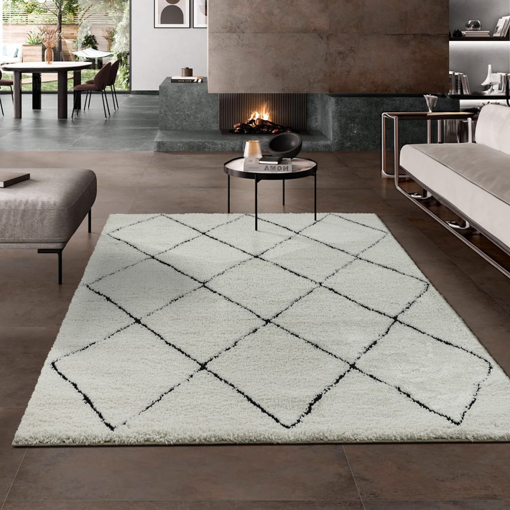 Tapis salon poils longs nordique - Blanc Noir - 120 x 170 cm