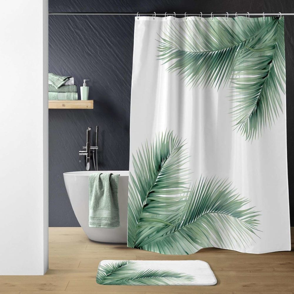 Rideau de douche et tapis de bain motif palmier Blanc, l. 180 x H. 200 cm, VARADERO