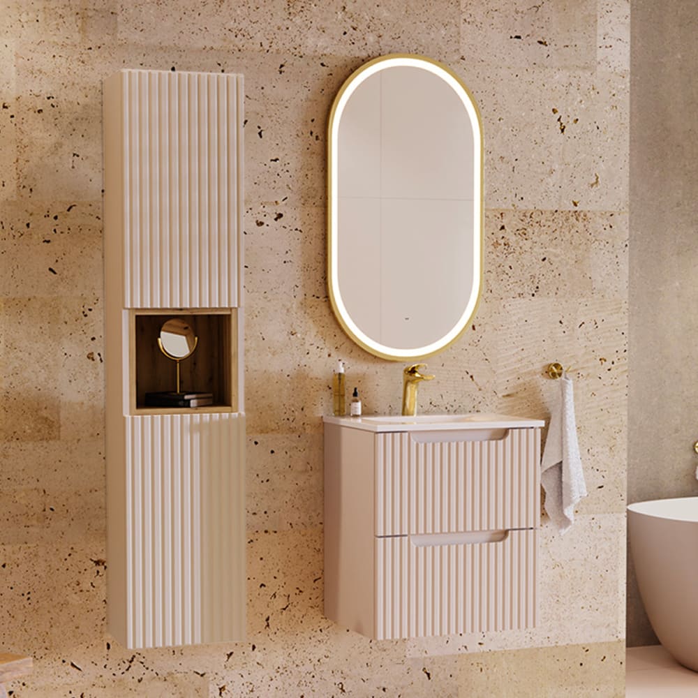 Ensemble meuble simple vasque encastrée 50cm 2 tiroirs et colonne Riva Cachemire et Bois