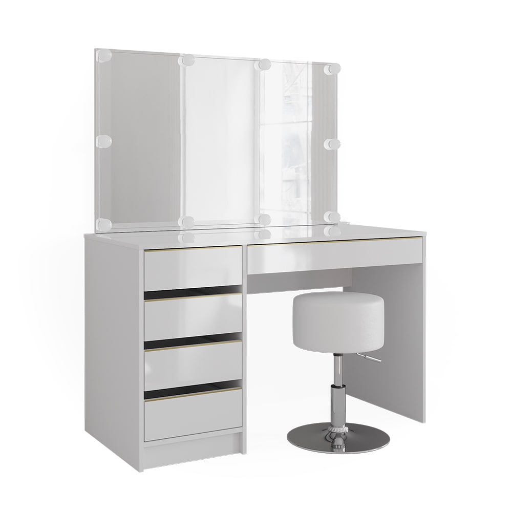 Vicco Coiffeuse Blanc/Or 120cm avec miroir, guirlande LED et tabouret