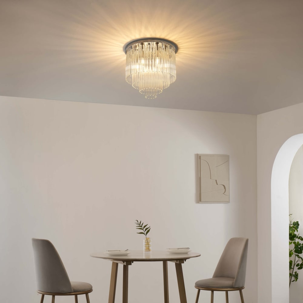 Plafonnier chic chromé en verre cascade de pampille transparentes - Sandrilla