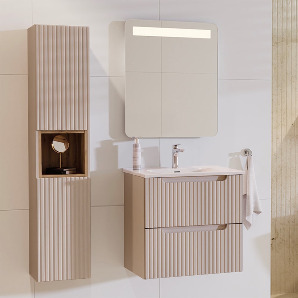 Ensemble meuble simple vasque encastrée 60cm 2 tiroirs et colonne Riva Cachemire et Bois