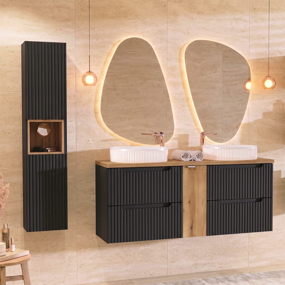 Ensemble meuble double vasque 140cm 4 tiroirs et colonne Riva Noir et Bois