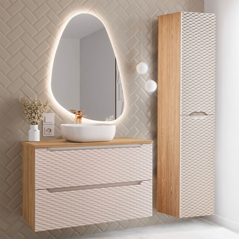 Ensemble meuble simple vasque 90cm panneaux mélaminé et mdf beige