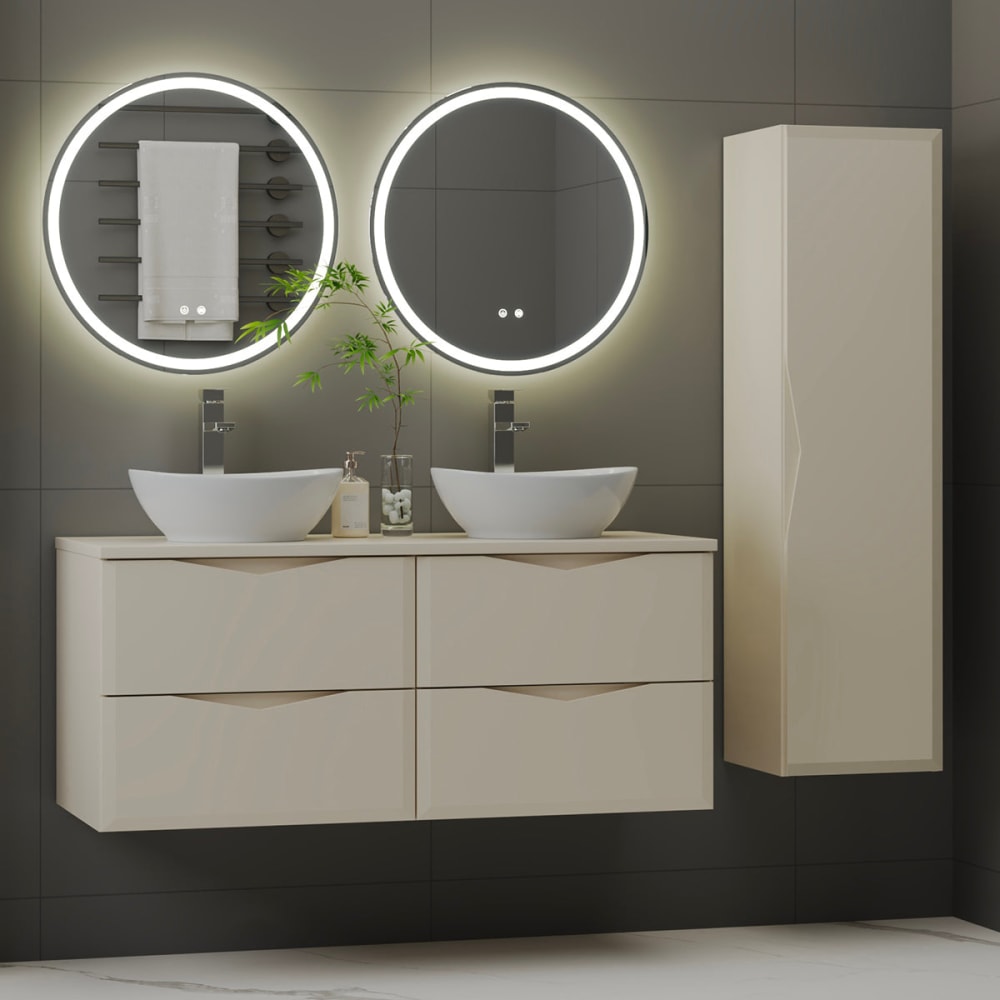 Ensemble meuble double vasque 120cm panneaux mélaminé et mdf beige