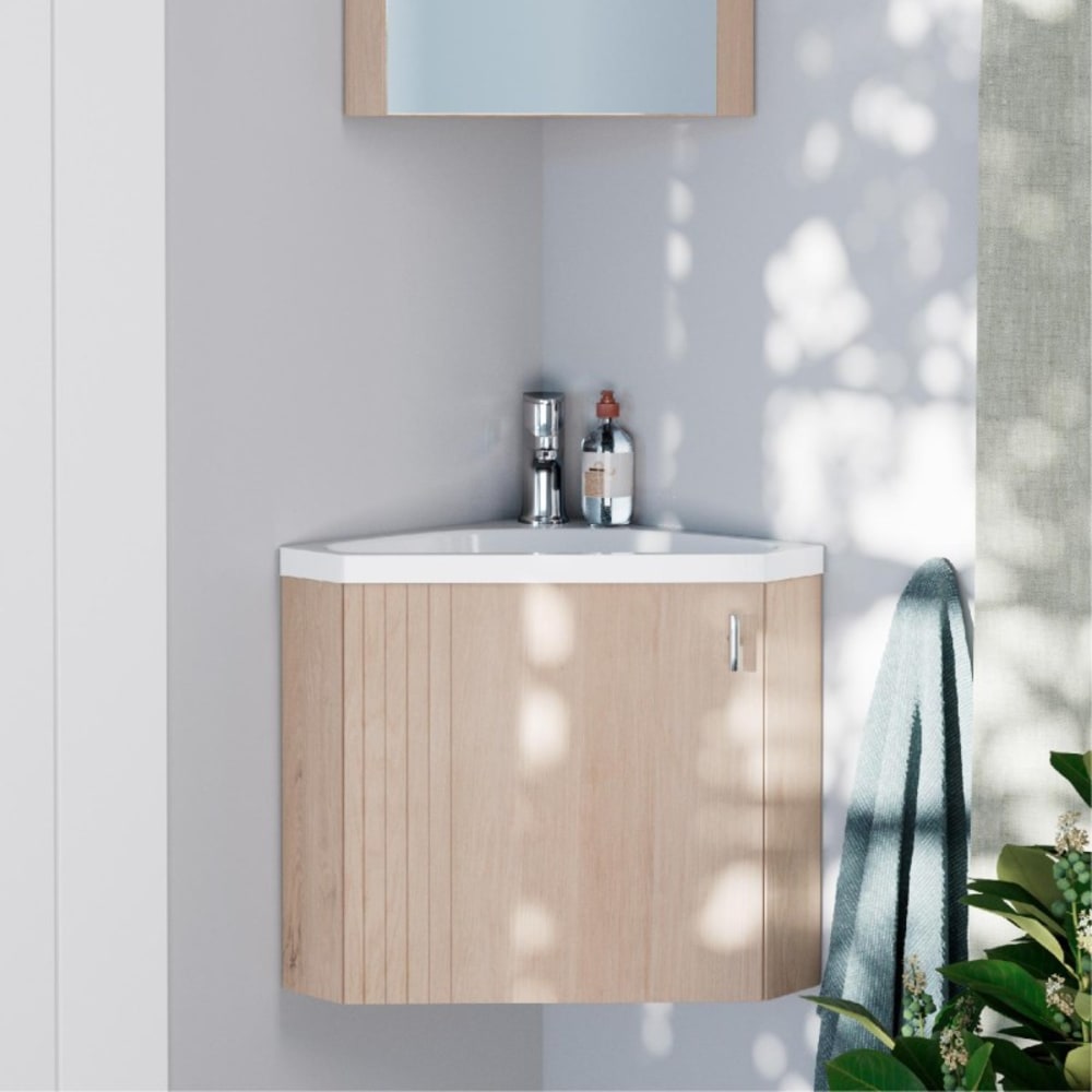 Ensemble meuble lave-mains d'angle décor chêne KODA + robinet
