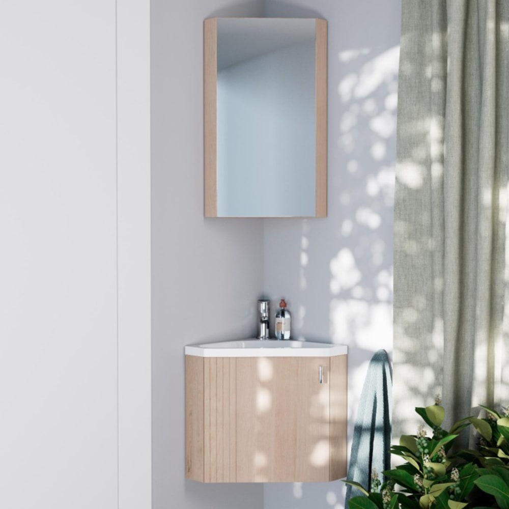 Ensemble meuble lave-mains d'angle décor chêne KODA + armoire miroir