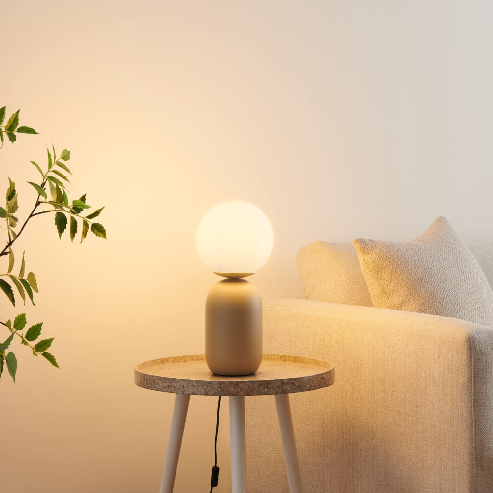 Petite lampe à poser couleur taupe boule banche - Sley