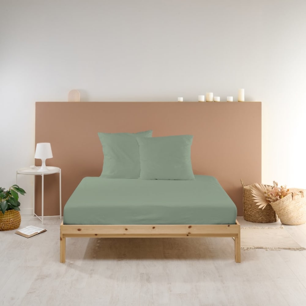 Drap housse uni en percale de coton sauge 180x200cm
