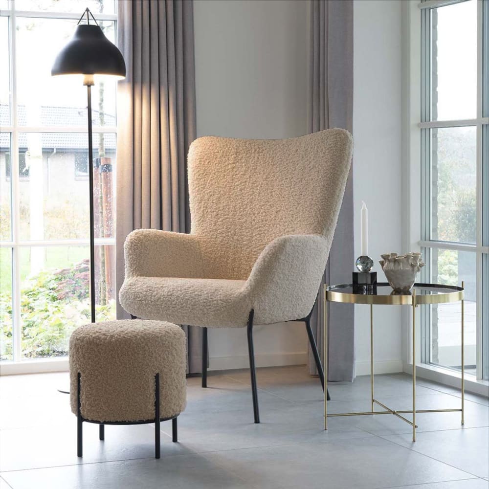 Fintry - Repose-pieds Rond Imitation Laine Beige Et Pieds Acier