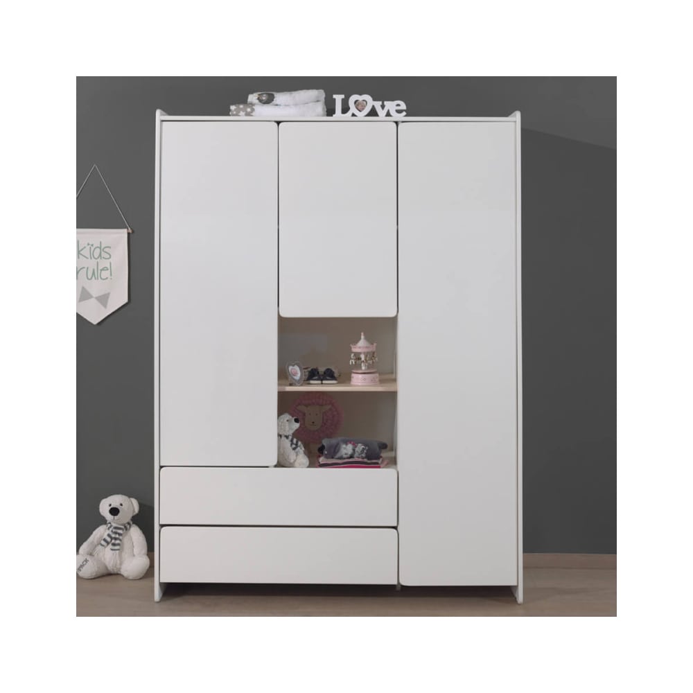 Armoire 3 portes 2 tiroirs blanche et bois
