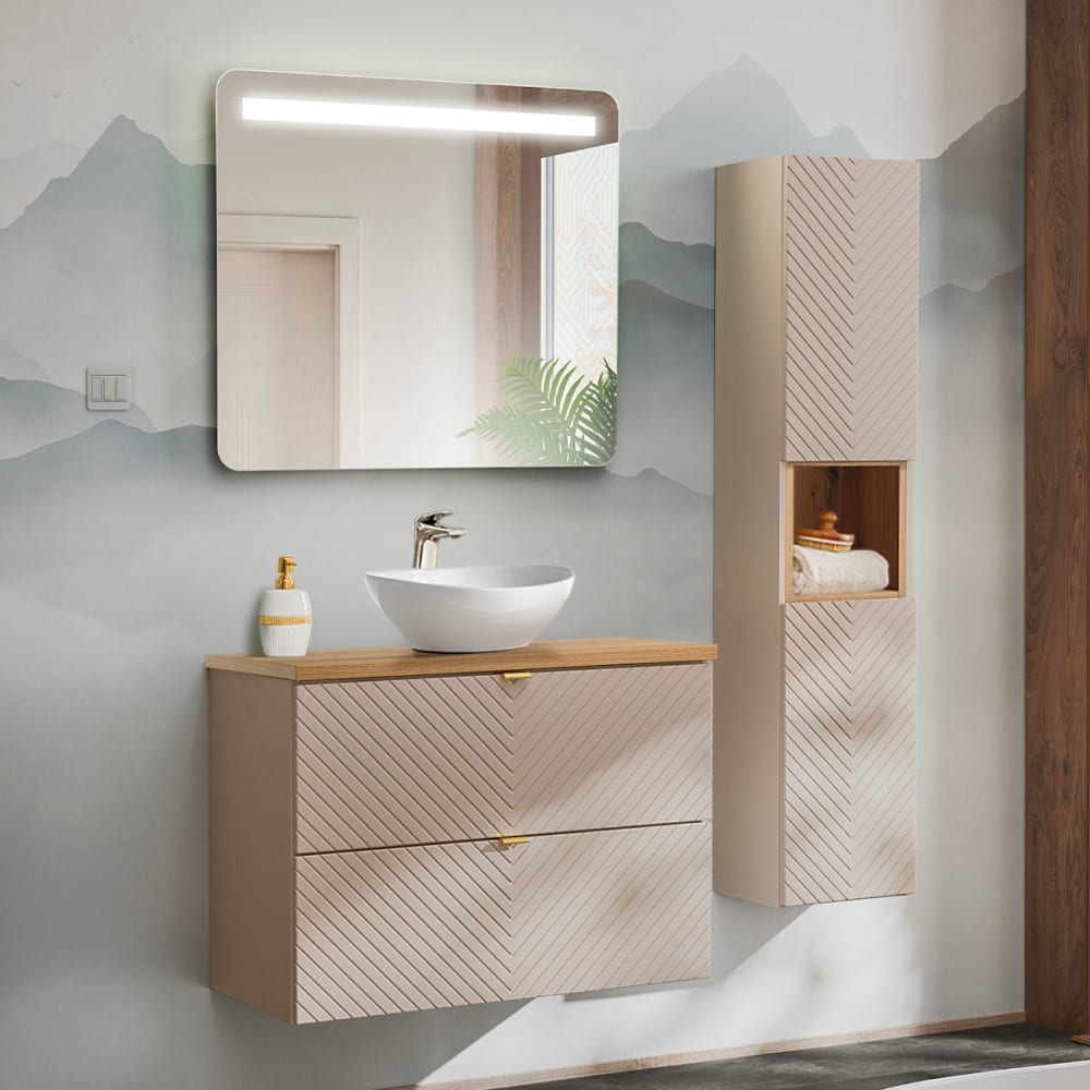 Ensemble meuble simple vasque 80cm 2 tiroirs et colonne Manoa Cachemire et Bois