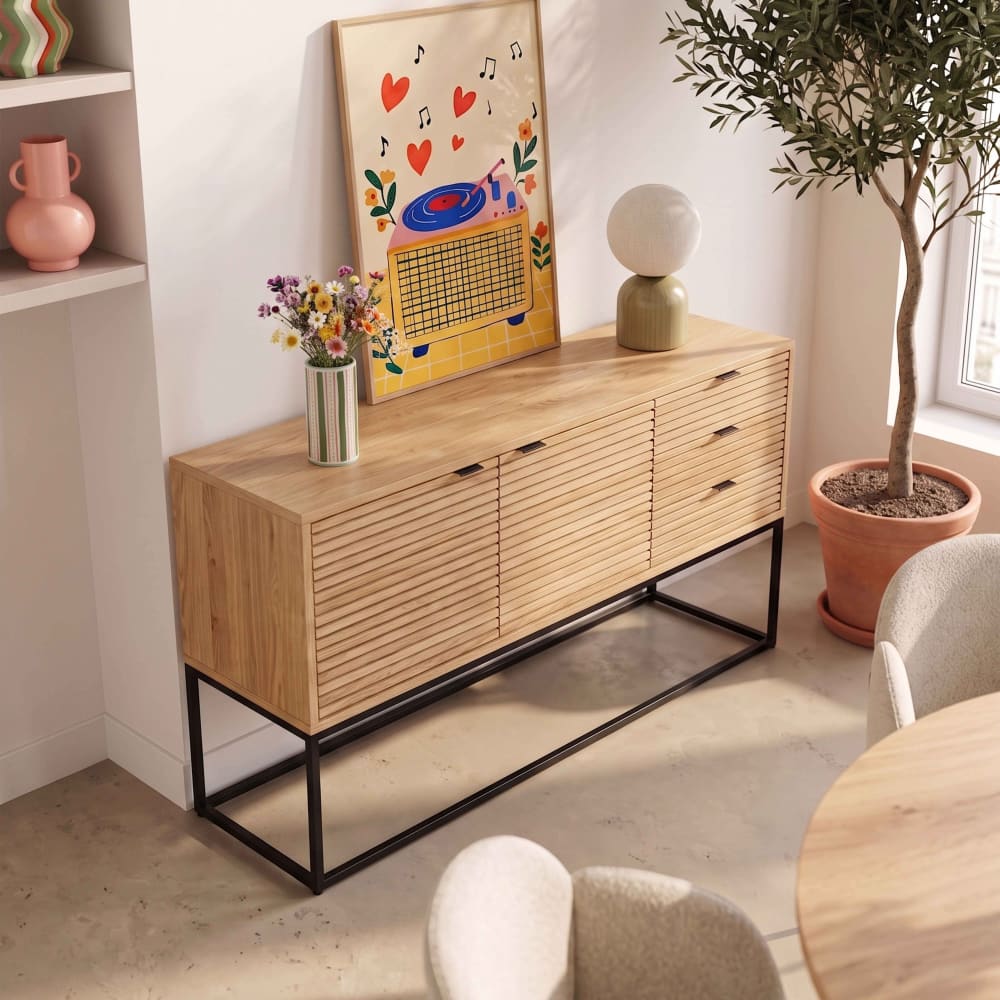 Buffet 2 portes et 3 tiroirs décor mélaminé 160 cm bois et noir Oviala