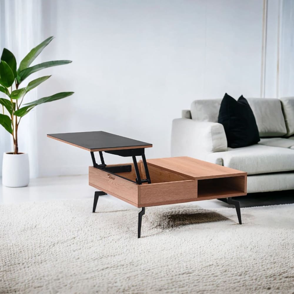 RENO - Table Basse Relevable Effet Chêne et Céramique
