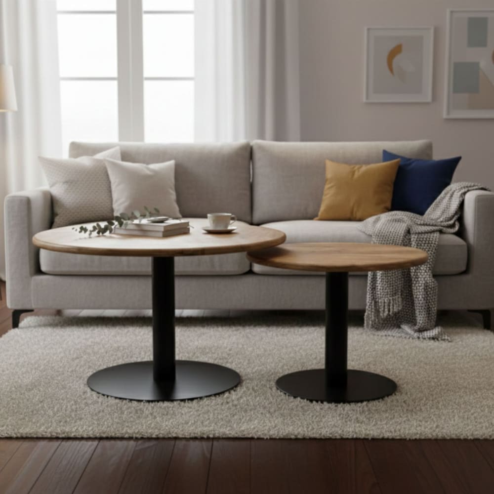 NADINE - Lot de 2 Tables Plateau Manguier Massif Pieds Métal Noir
