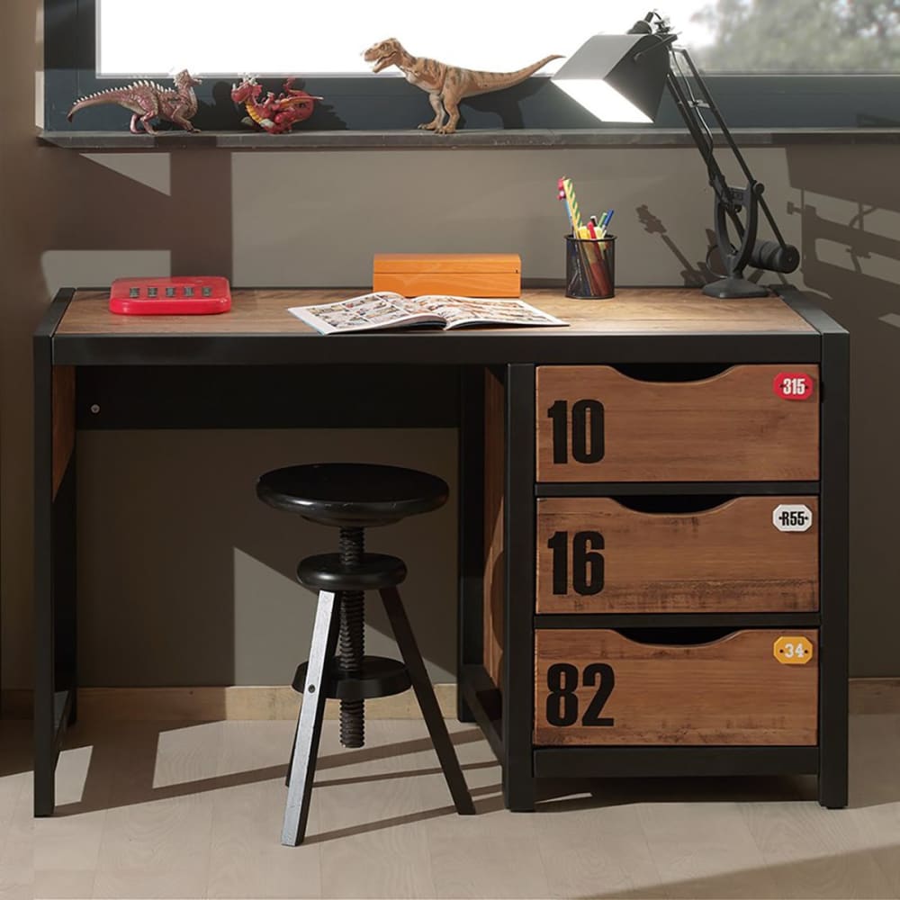 TCHAD - Bureau 3 Tiroirs en Pin Massif avec Motifs