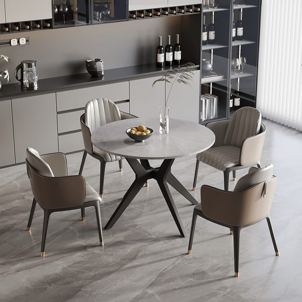 Monna - Table À Manger Ronde Pierre Frittée Gris Piètement En Métal Noir