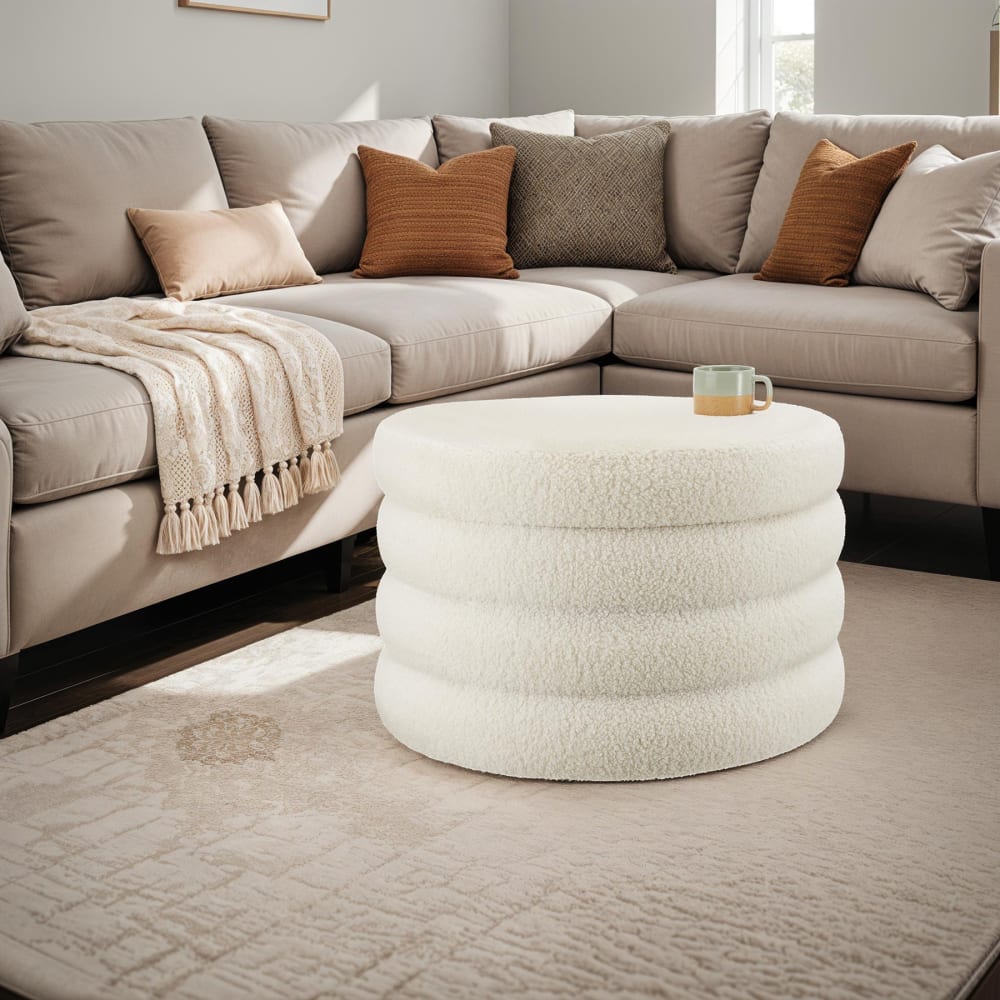 Tabouret rembourré rond avec rangement revêtement bouclé crème