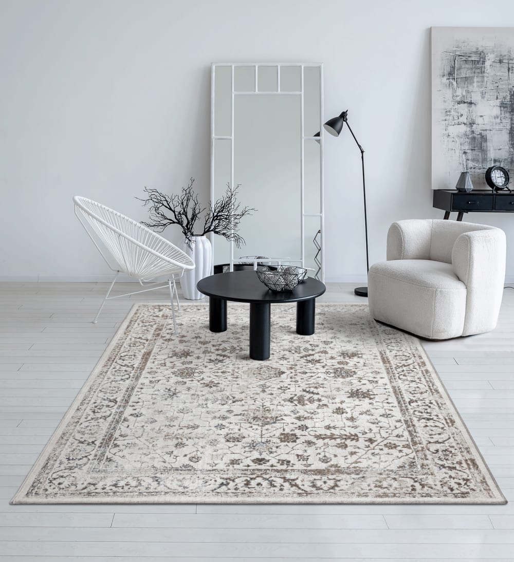 Tapis oriental vintage poils courts salon, crème, 80 x 300 cm