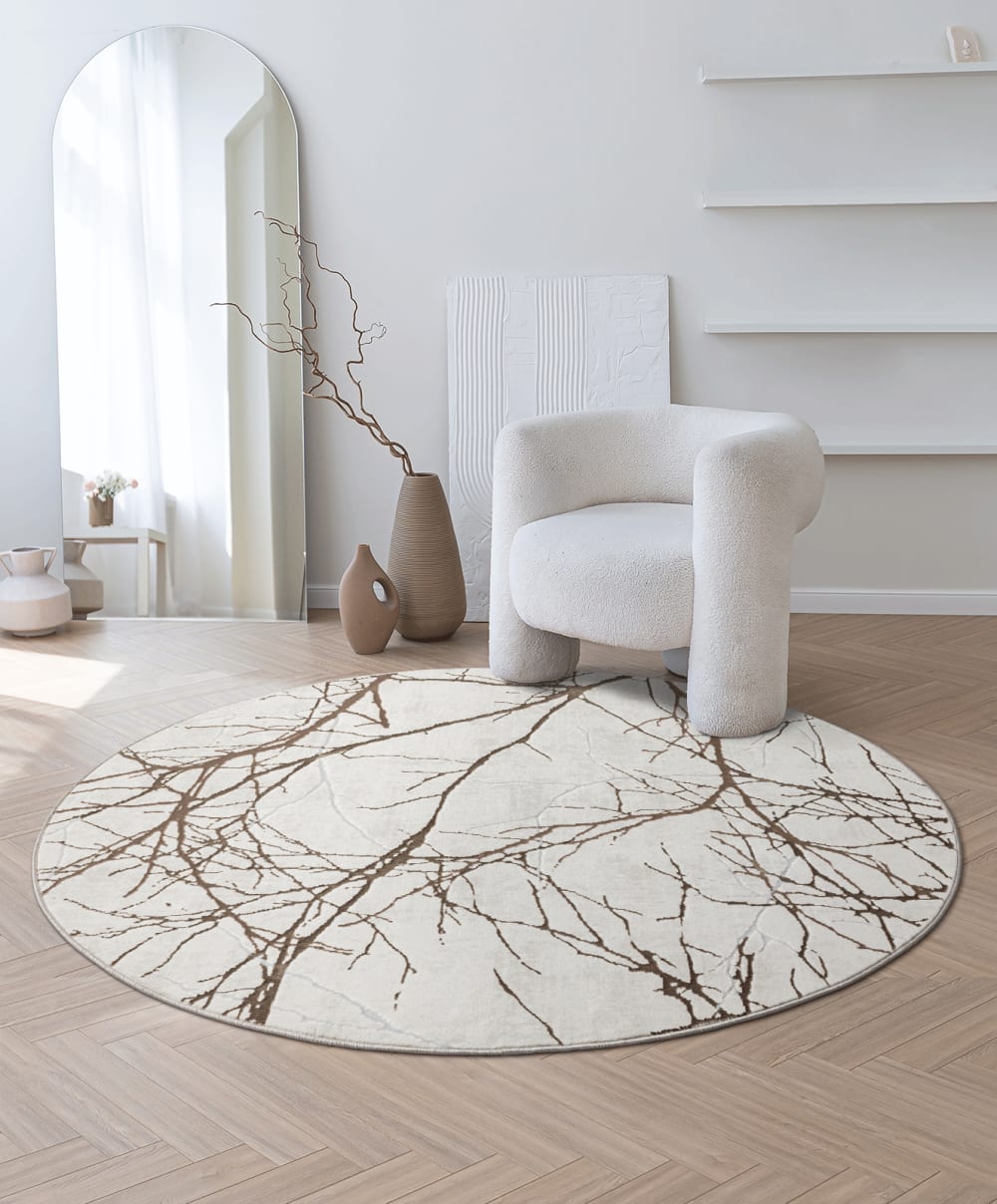 Tapis poils courts nœuds salon moderne, crème, 200 cm rond