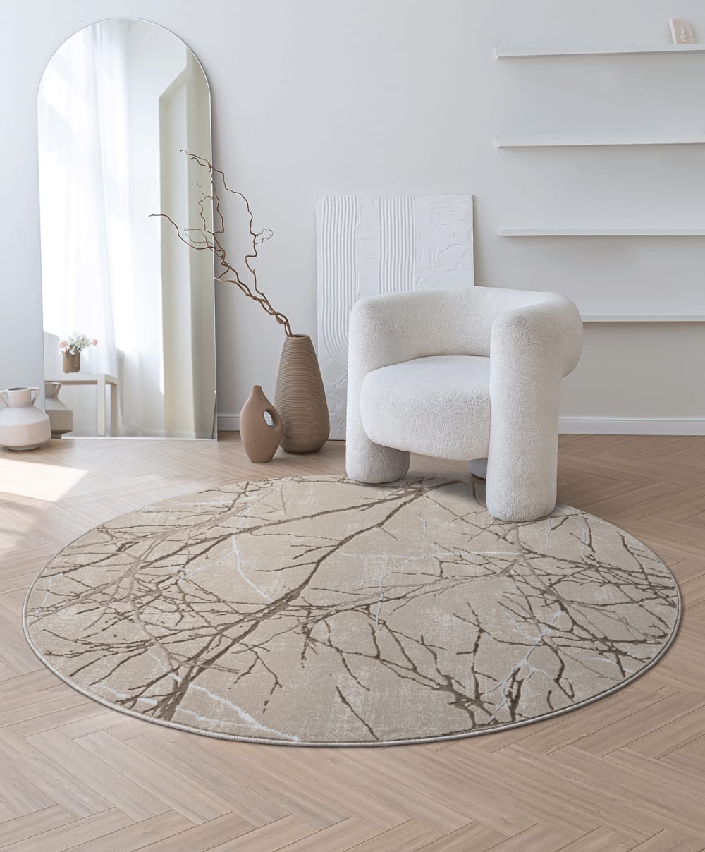 Tapis poils courts nœuds salon moderne, beige, 200 cm rond