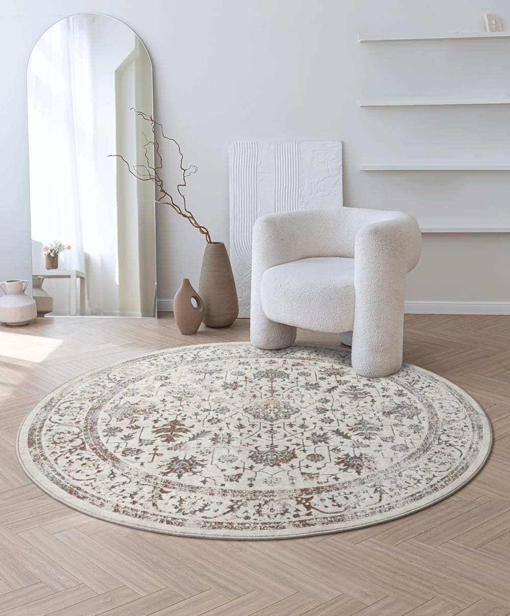 Tapis oriental vintage poils courts salon, crème, 200 cm rond