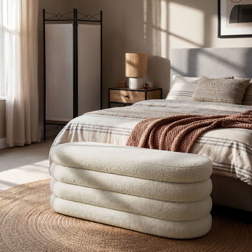 Banc rembourré 2 grands compartiments de rangement en velours ou bouclé