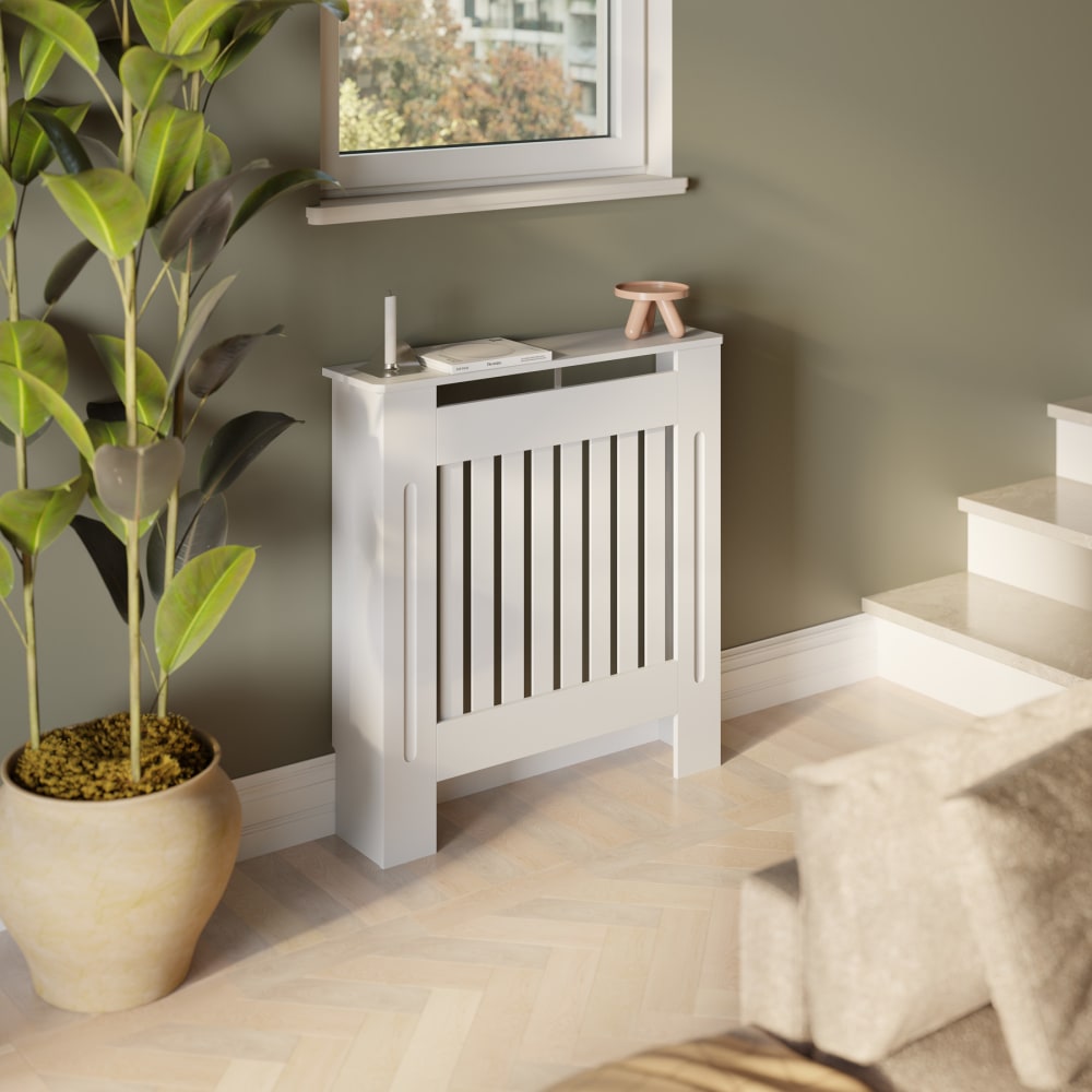 Cache-radiateur design à lattes avec étagère de rangement 78x19x82cm