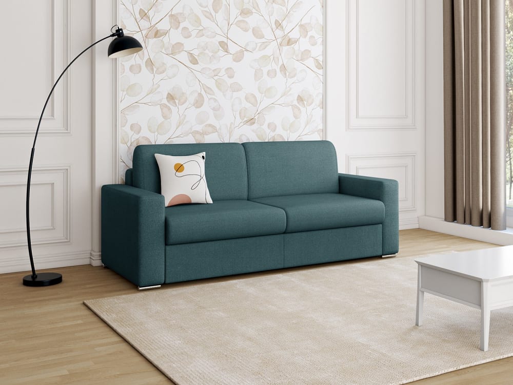 Canapé 4 places convertible express en tissu chiné bleu - Couchage lattes larges 160 cm - Matelas 16 cm avec mousse à mémoire de