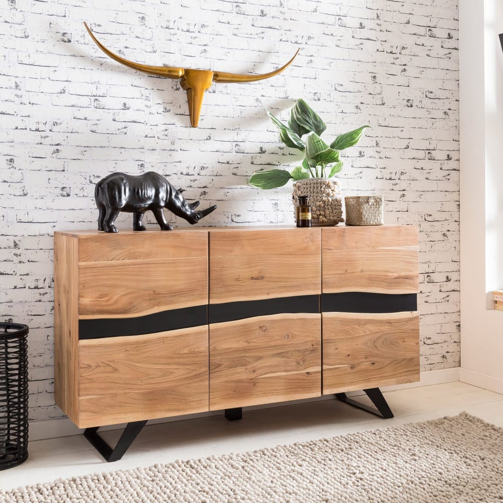 Finebuy Buffet 148 Cm Bois Massif D'acacia Commode Armoire Portes Bord D'arbre