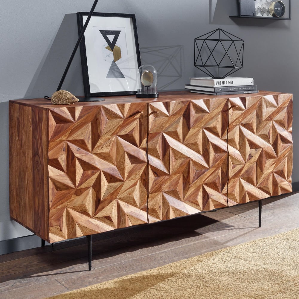 Finebuy Buffet 144 Cm Bois Massif Sheesham Commode Portes Armoire Moderne
