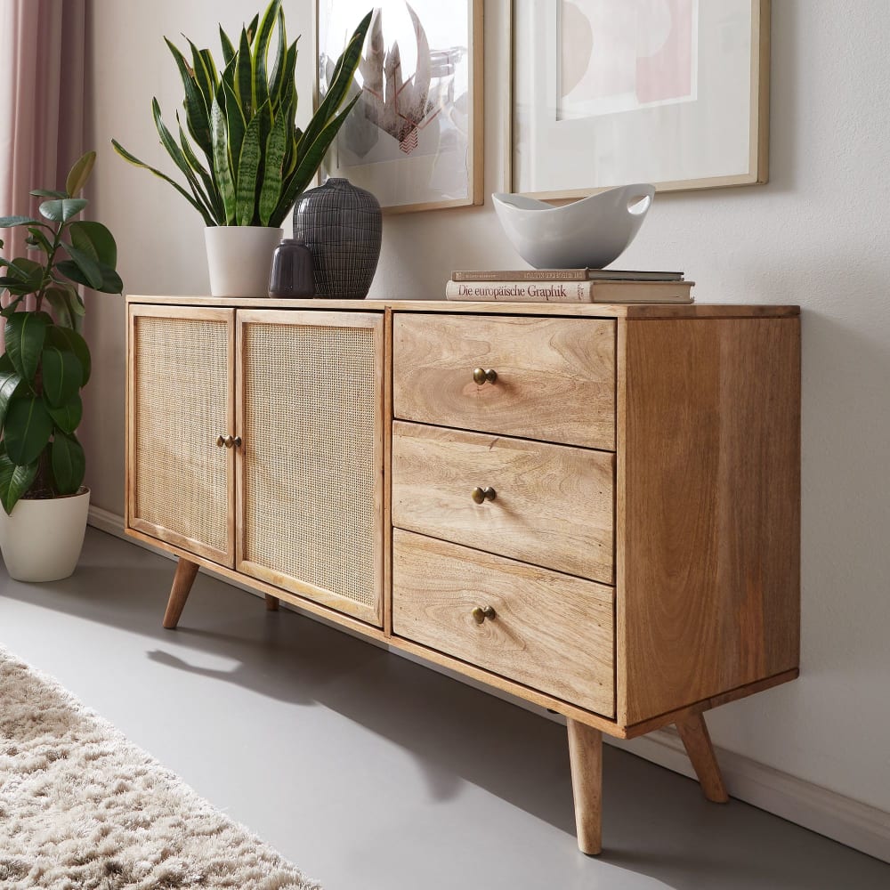 Finebuy Buffet 140 Cm Bois Massif Manguier Commode Tiroirs Armoire Moderne Rotin