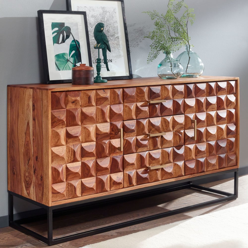 Finebuy Buffet 145 Cm Bois Massif Sheesham Commode Tiroirs Armoire Moderne