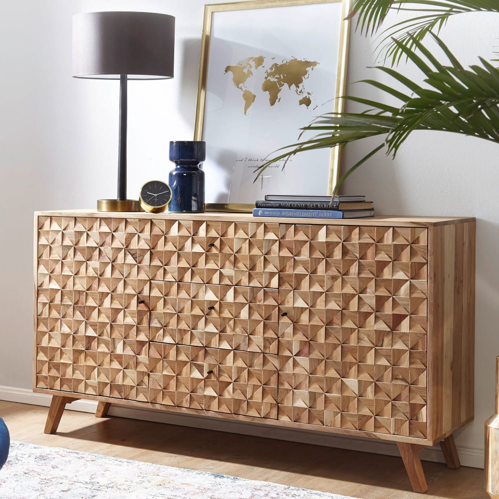 Finebuy Buffet 140 Cm Bois Massif Acacia Commode Portes Armoire Moderne