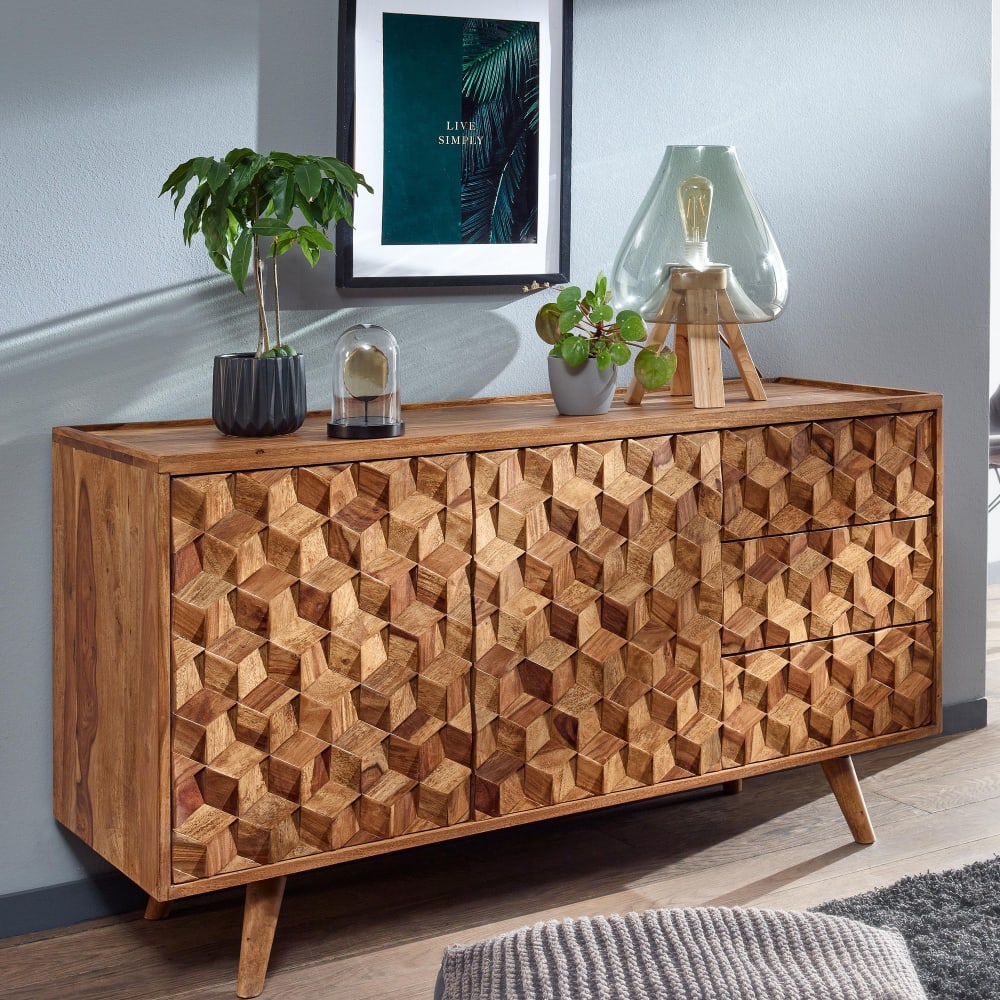 Finebuy Buffet 138 Cm Bois Massif Sheesham Commode Portes Armoire Moderne