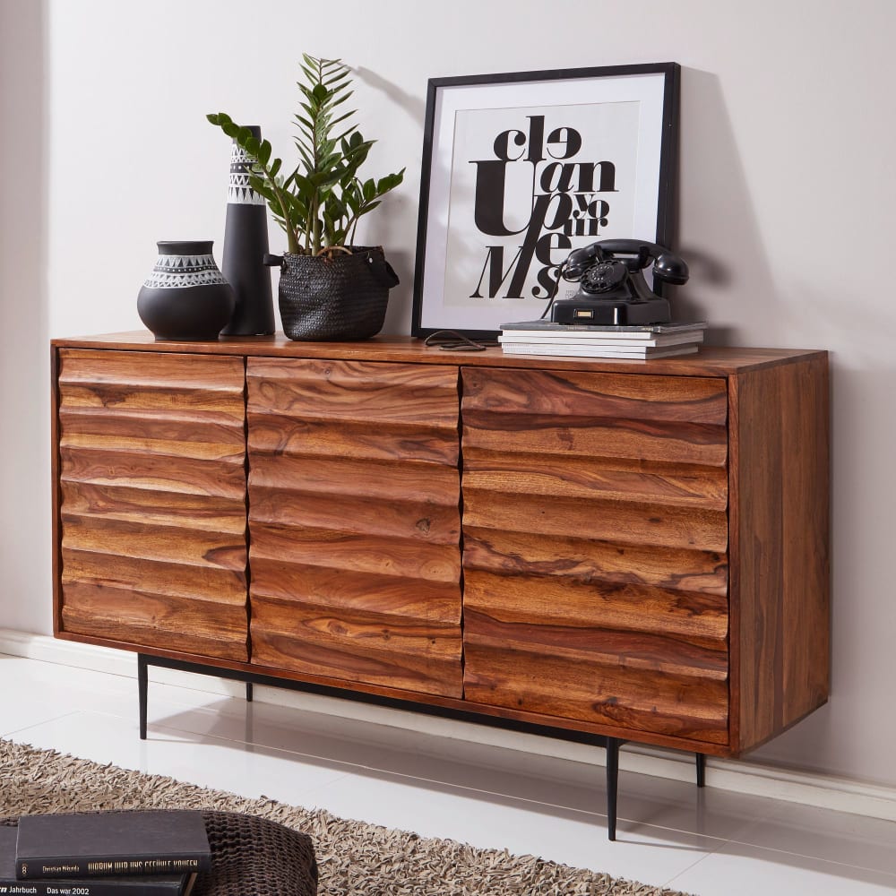 Finebuy Buffet 150 Cm Bois Massif Sheesham Commode Portes Armoire Moderne